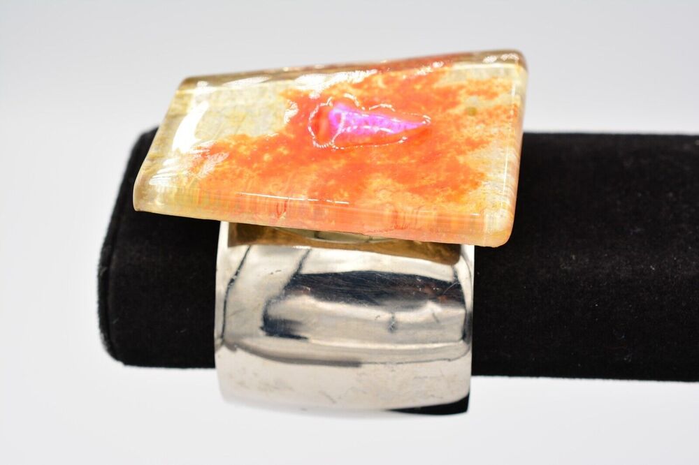 Vintage Cuff Bracelet Bangle Murano Glass Artisan Silver Chunky 90s 1990s BinAD